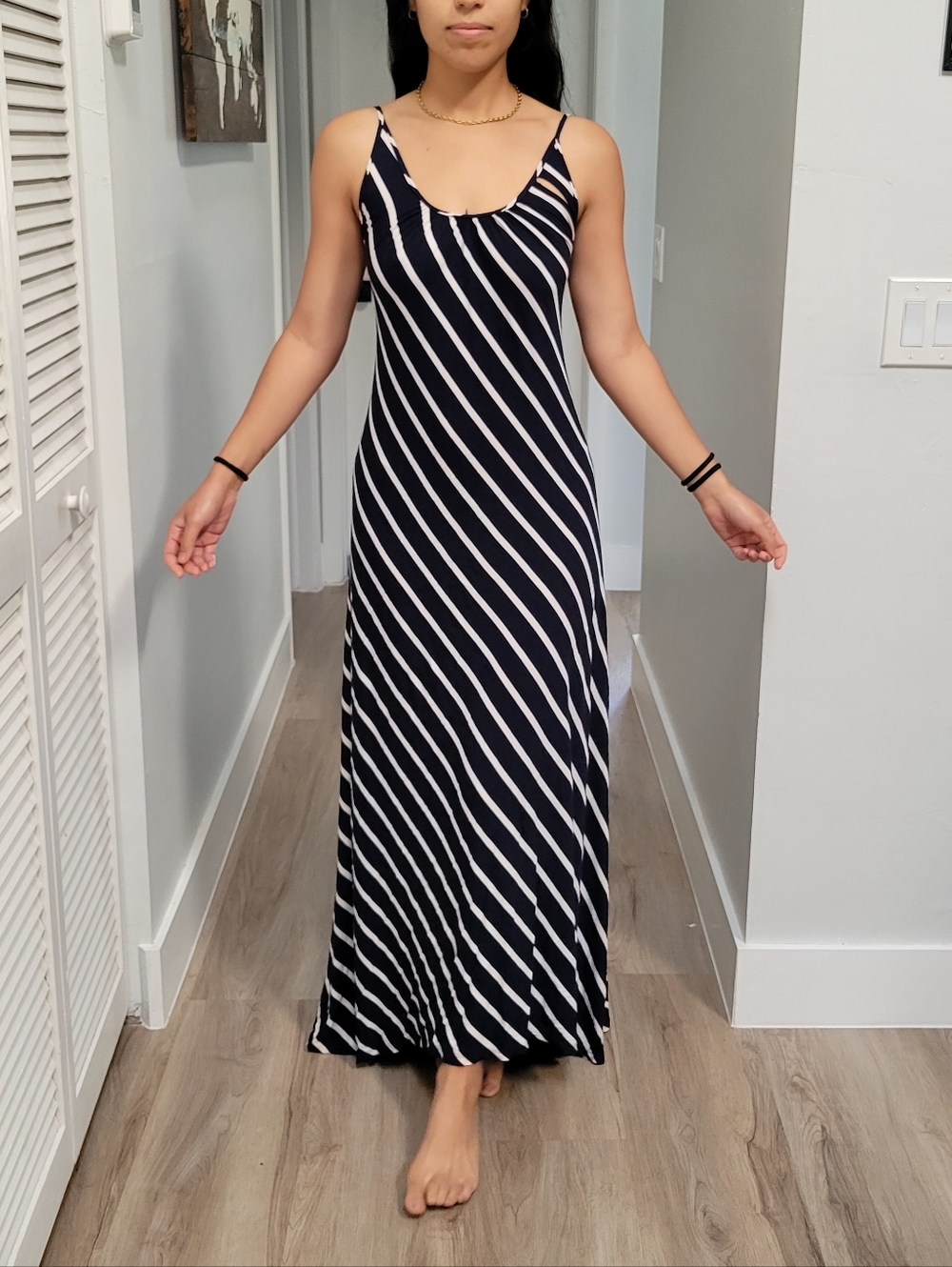 Olivaceous Women's Maxi Dress Size M Blue Stripe Nautical Beachy Flirty Flowy